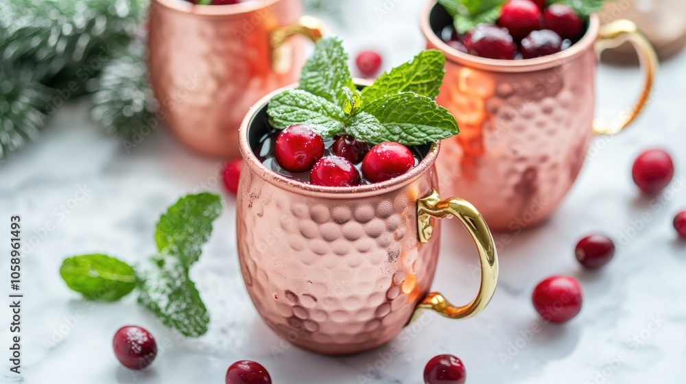 Classic American cocktail served in copper mugs featuring cranberry and mint on a white marble surface non alcoholic twist with festive embellishments Classic American cocktail served in copper mugs featuring cranberry and mint on a white marble surface non alcoholic twist with festive embellishments