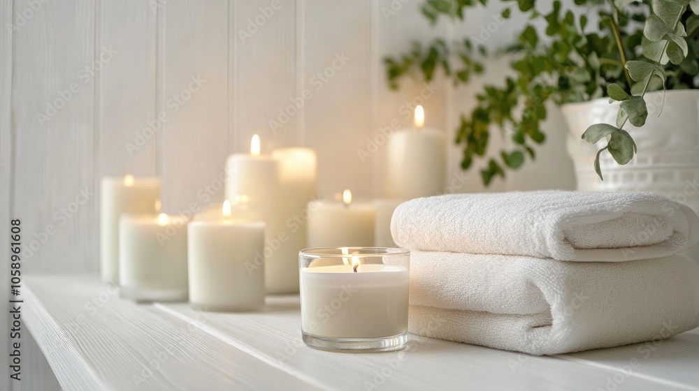 Elegantly arranged candles and towels on a white wooden table with a soft light background offering ample space for text creating a serene and inviting atmosphere Elegantly arranged candles and towels on a white wooden table with a soft light background offering ample space for text creating a serene and inviting atmosphere