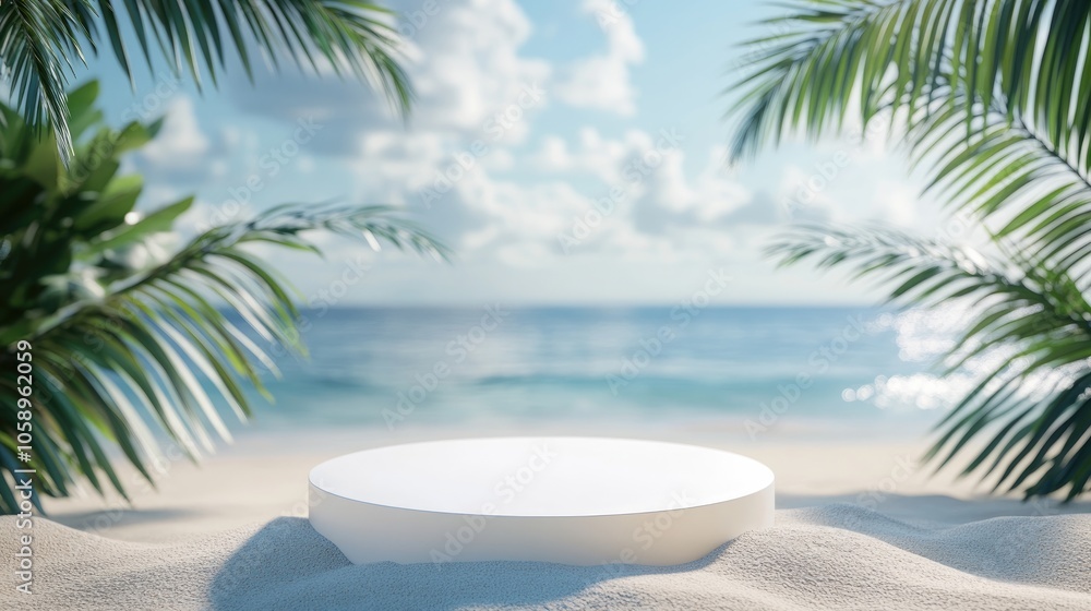White podium on sandy beach with blurred ocean backdrop and palm leaves ideal for showcasing cosmetic products High quality image White podium on sandy beach with blurred ocean backdrop and palm leaves ideal for showcasing cosmetic products High quality image
