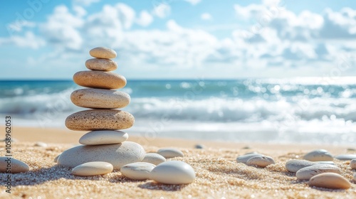 stacked sea pebbles forming a pyramid on a sunny sandy beach