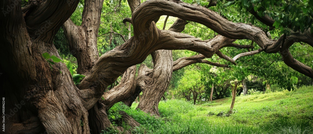 A lush green scene featuring twisted tree branches against a vibrant forest background, evoking tranquility and natural beauty. A lush green scene featuring twisted tree branches against a vibrant forest background, evoking tranquility and natural beauty.
