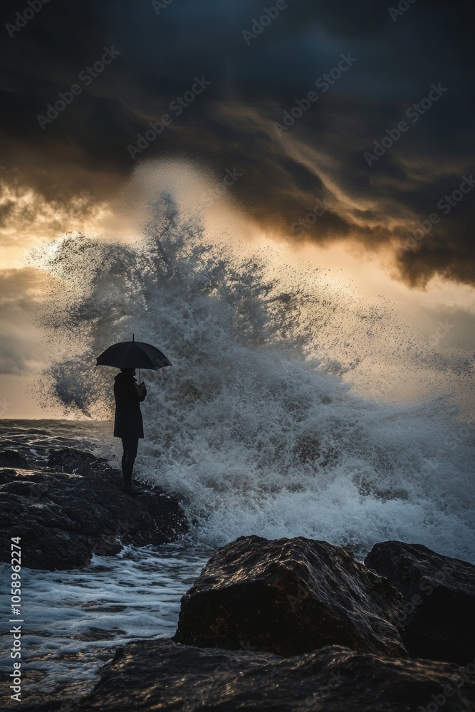 Fototapeta premium Amidst a stormy backdrop, a person holding an umbrella stands on rocky terrain, watching tumultuous waves crash against the shore as the sun sets