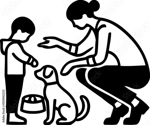 Silhouette of adult teaching child to feed dog, pet care and family bonding icon, animal care illustration
