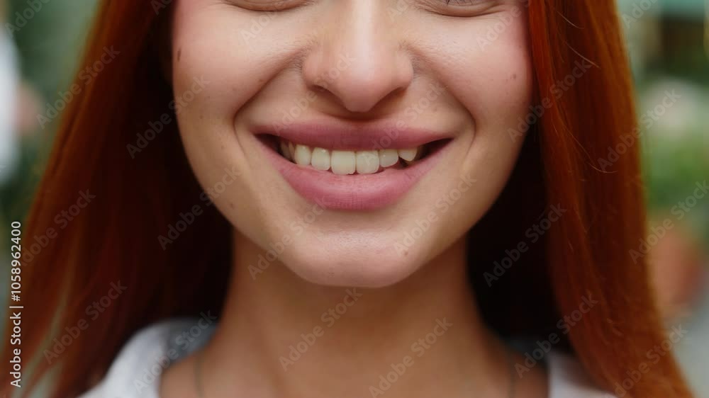 Close up female mouth girl face details Caucasian happy woman seductive lips surgery health care beauty makeup smiling healthy teeth toothy smile dental oral whitening medical cropped shot in city Close up female mouth girl face details Caucasian happy woman seductive lips surgery health care beauty makeup smiling healthy teeth toothy smile dental oral whitening medical cropped shot in city