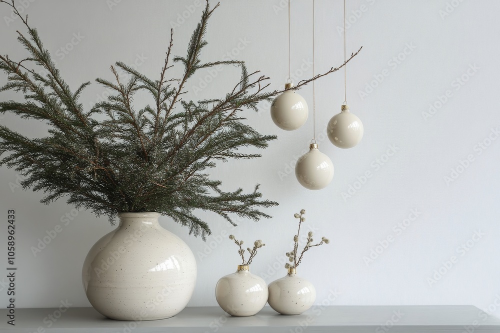 Decorative holiday arrangement with a vase and hanging ornaments in a bright room Decorative holiday arrangement with a vase and hanging ornaments in a bright room