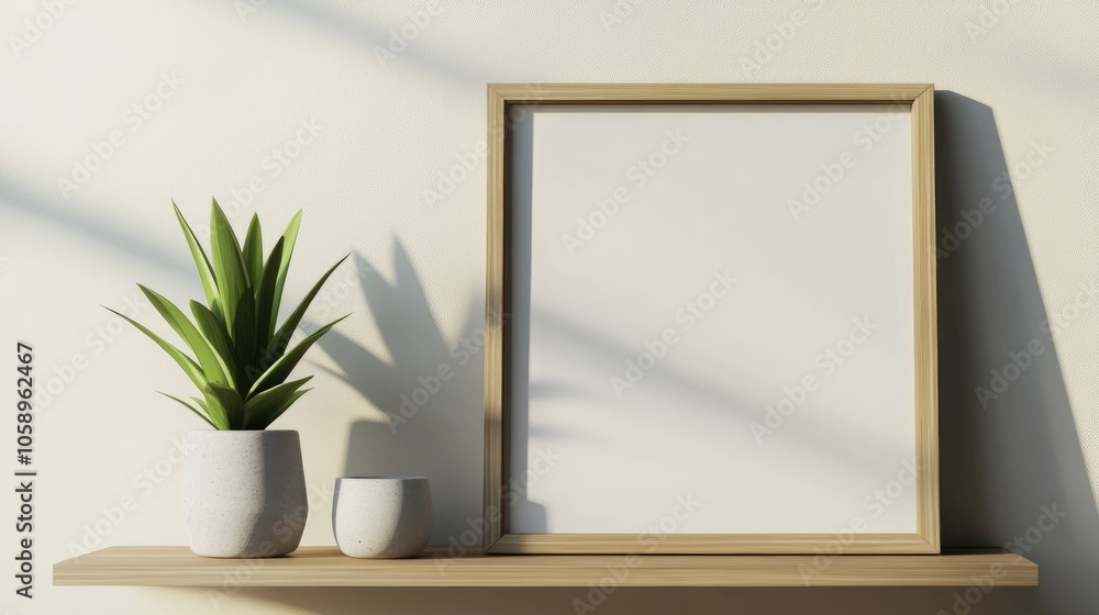 A blank picture frame placed on a compact shelf A blank picture frame placed on a compact shelf
