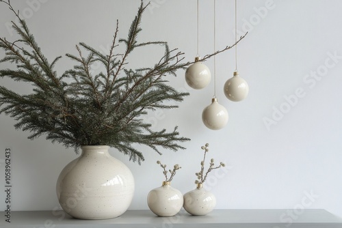 Decorative holiday arrangement with a vase and hanging ornaments in a bright room