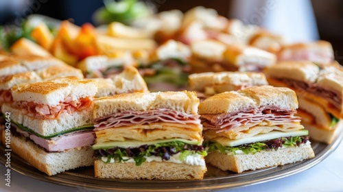 Variety of sandwiches featuring a mix of meats and fresh vegetables on a serving platter