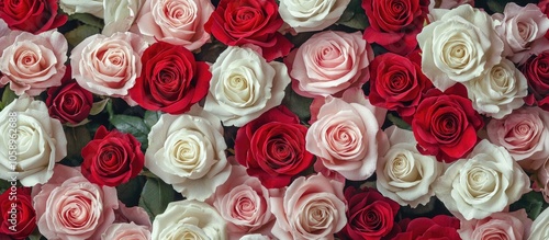 Close Up View Of Various Color Red White And Pink Blooming Roses Backdrop At Florist Vivid Pastel Flower In Bloom Blossom Roses For Valentine Day