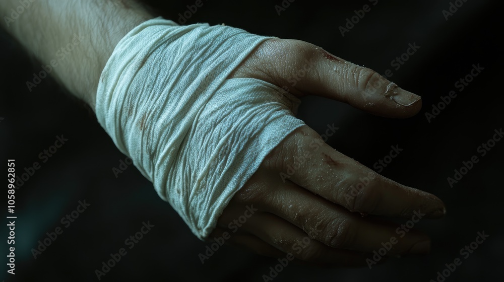 Fototapeta premium Injured hand wrapped in a white bandage