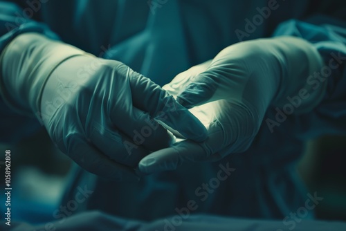 Close-up of gloved hands preparing for surgery