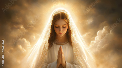 The Holy Mother Mary, a full-body portrait, with radiant light around her head and shoulders. She wears a white robe and has long hair. Her beautiful face is serene, with eyes closed in prayer. 