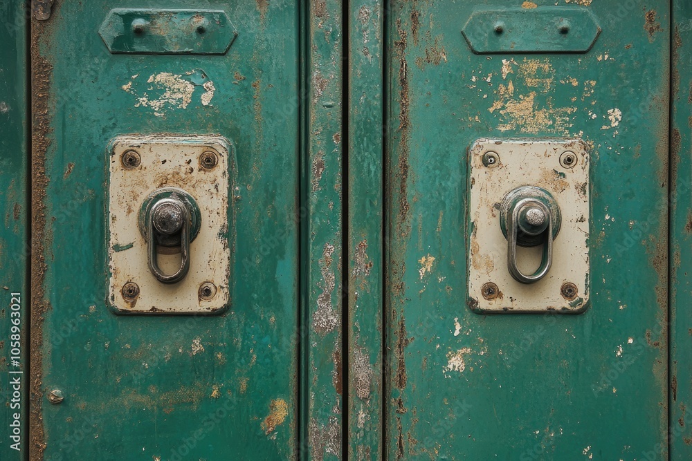 Close-up of two weathered green metal locker doors with handles Close-up of two weathered green metal locker doors with handles