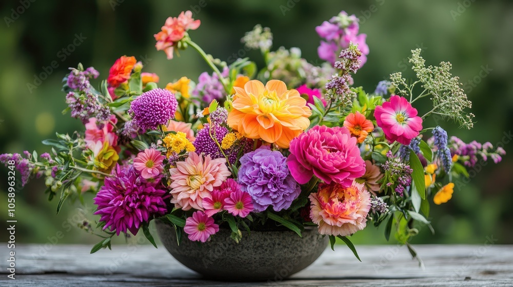 Vibrant summer floral arrangement featuring a creative layout of stunning blossoms Vibrant summer floral arrangement featuring a creative layout of stunning blossoms