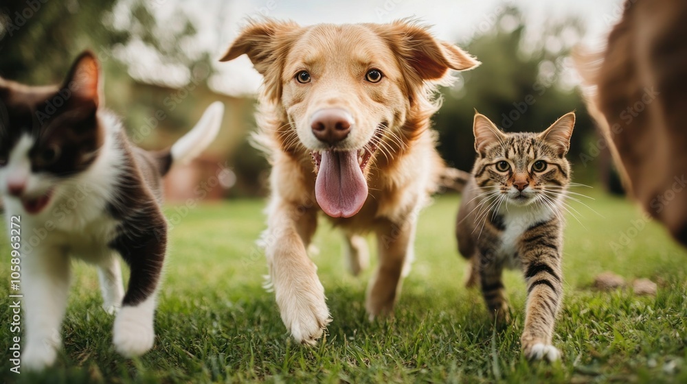 A playful dog and cat walking together in a grassy area, showcasing companionship. A playful dog and cat walking together in a grassy area, showcasing companionship.