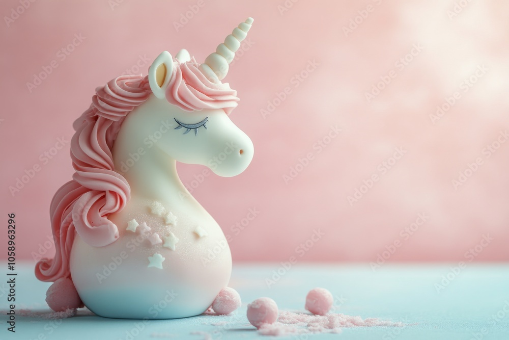 Obraz premium Colorful unicorn cake with pink frosting and decorative elements on a light blue background