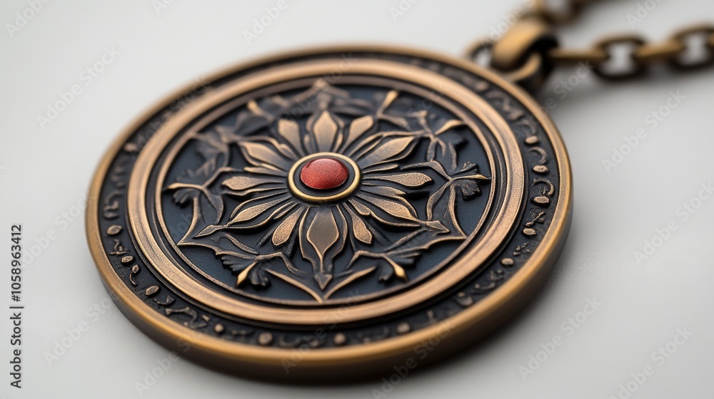Close-up of a Bronze Medallion with a Red Gemstone Close-up of a Bronze Medallion with a Red Gemstone