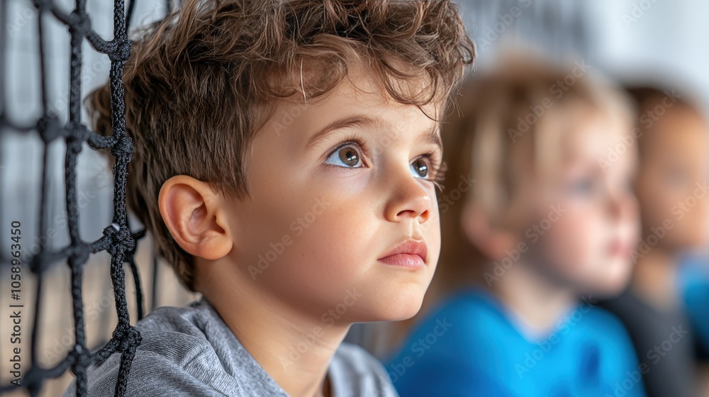 Young Boy with Curious Expression at Indoor Climbing Gym Young Boy with Curious Expression at Indoor Climbing Gym