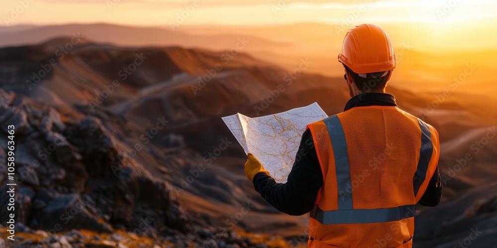 Mining engineer studying geological map at sunset in mountains