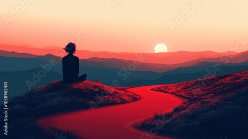 Serene Sunset Landscape with Silhouette Person on Mountaintop