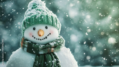 Snowman dressed in a green hat and scarf set against a snowy background featuring shades of green