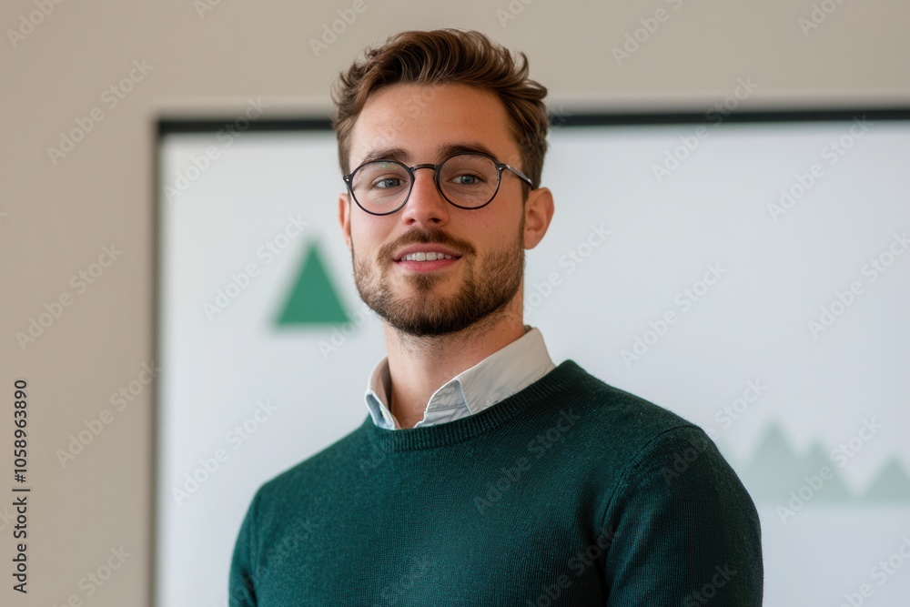 Young man in glasses presenting ideas on sustainability goals Young man in glasses presenting ideas on sustainability goals