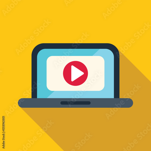Laptop displaying video player streaming movie with play button on yellow background, concept of online video, multimedia content, and digital entertainment