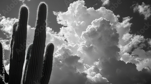 Gentle morning light and fluffy clouds over saguaro.