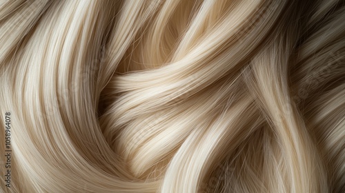 Close up of a blonde wig on a neutral backdrop Showcase of golden hair extensions and wigs Concept of female beauty photo