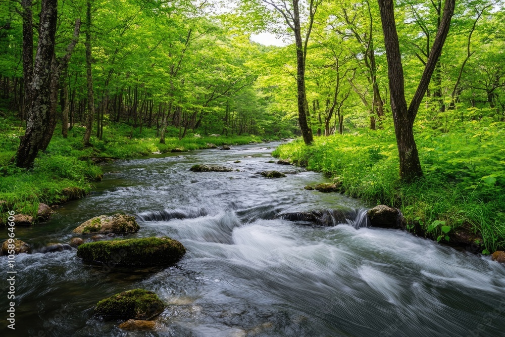 A Stream Flowing Through a Lush Green Forest A Stream Flowing Through a Lush Green Forest