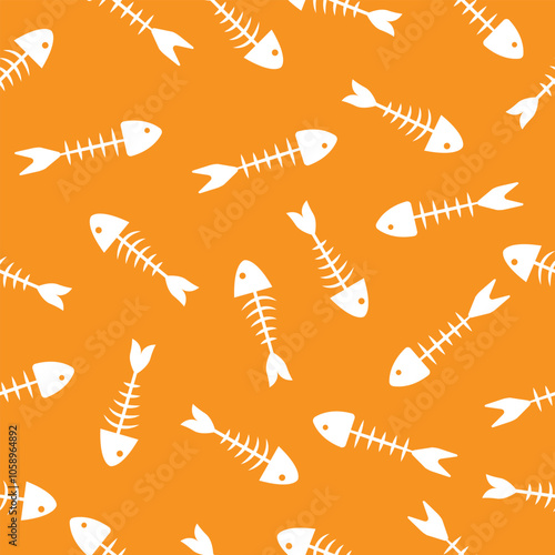 Seamless pattern of fish bones skeleton. Fish bone motif silhouette vector illustration on a orange background