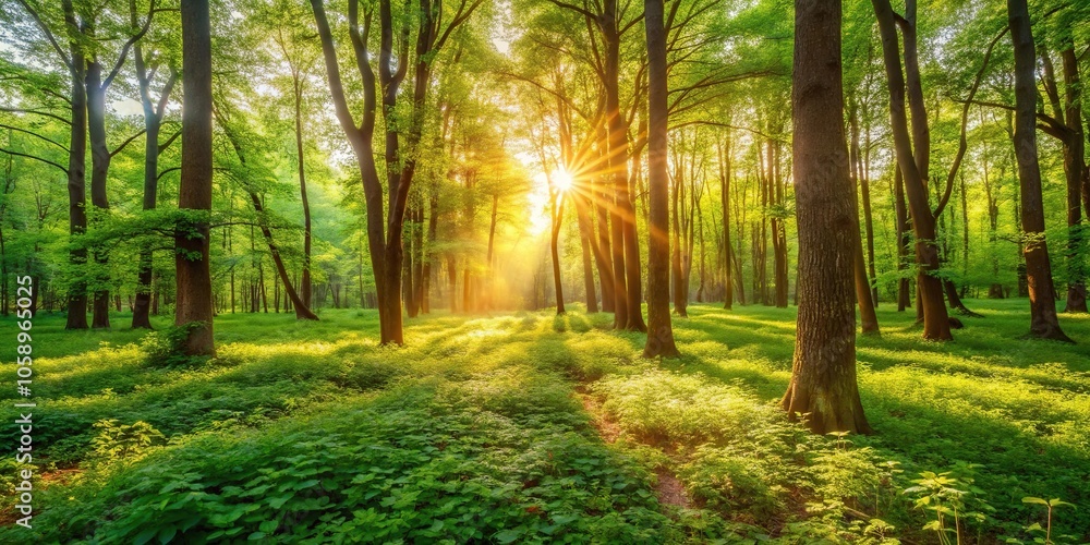 Fototapeta premium Warm sunlight filters through lush greenery in a serene forest glade, greenery, landscape, sunlight
