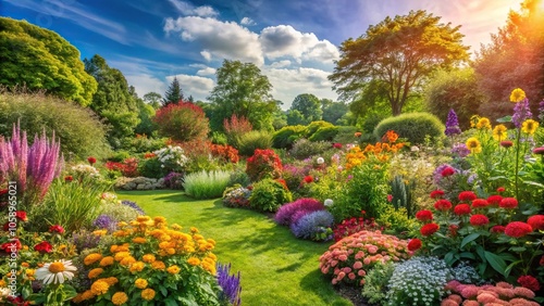 Vibrant colors of a blooming garden with a variety of flowers and greenery on a sunny summer day, lush greenery, carefree spirit, outdoor fun, happy feelings