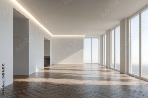 Wallpaper Mural Spacious empty room with wooden herringbone floor and large windows overlooking city skyline Torontodigital.ca