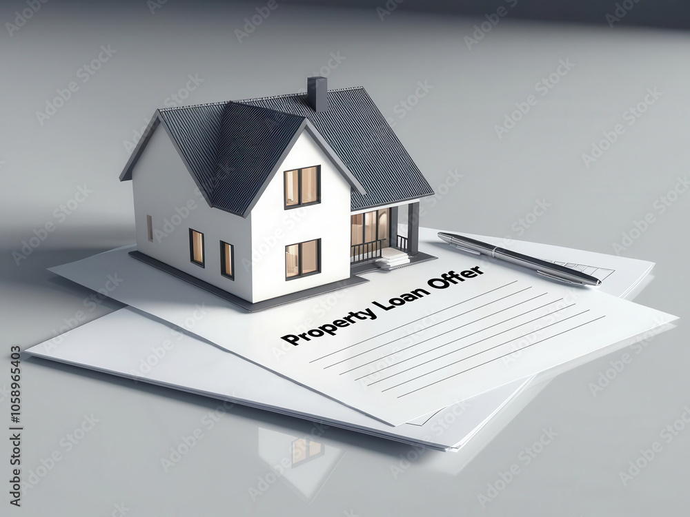Property loan offer with house model on paperwork, investment theme Property loan offer with house model on paperwork, investment theme