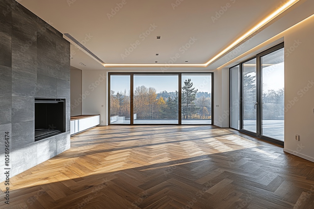 Obraz premium Spacious empty room with wooden herringbone floor and large windows overlooking city skyline