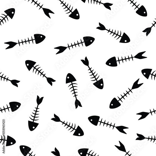 Seamless pattern of fish bones skeleton. Fish bone motif silhouette vector illustration on a white background