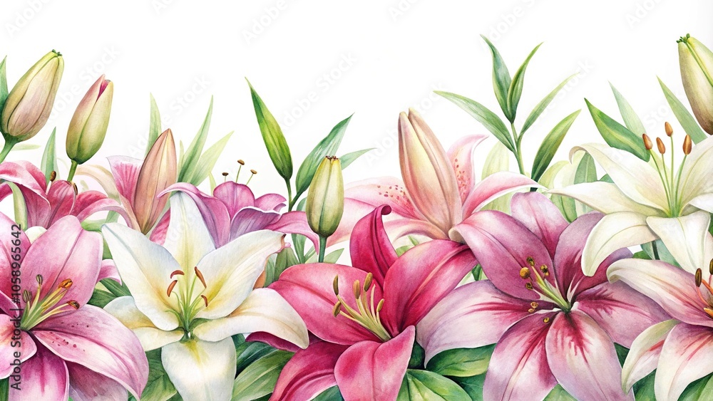 Fototapeta premium watercolor painting of pink and white lilies panorama