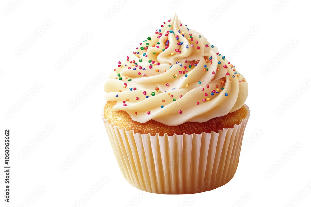 Vanilla cupcake with buttercream frosting and sprinkles, PNG isolated on transparent background, white background. Vanilla cupcake with buttercream frosting and sprinkles, PNG isolated on transparent background, white background.