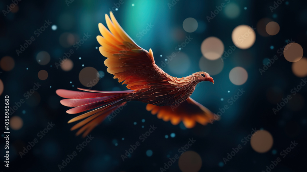 Fototapeta premium Colorful paper origami bird in flight with vibrant orange and red wings set against a blurred bokeh dark background, creating a sense of motion and artistic contrast.