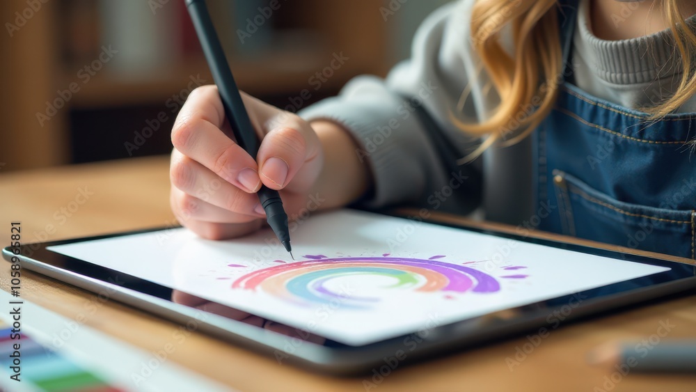 A young artist drawing on a tablet with a stylus, focused on creating digital art. A young artist drawing on a tablet with a stylus, focused on creating digital art.