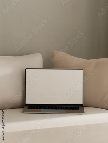 A close-up shot of an open laptop with its screen facing the camera, placed on top of a plush beige sofa in a minimalist living room.