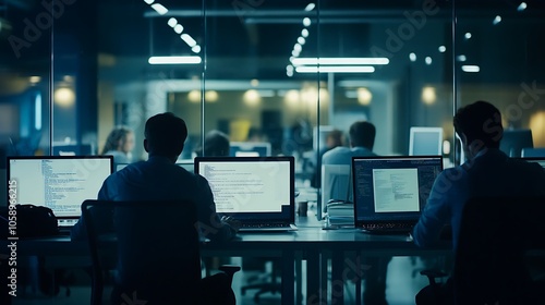 A dimly lit office with people working on computers, focused on coding and collaboration.