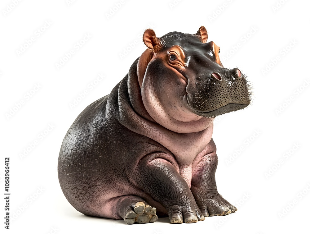 Fototapeta premium Chunky and Charming Hippo Calf Sitting in Relaxed Pose with Soft Smile on Pure White Background