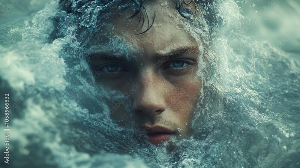striking portrait of a handsome man with short hair, his face half transformed into an ocean wave, blending realism with surrealism, creating a captivating visual statement striking portrait of a handsome man with short hair, his face half transformed into an ocean wave, blending realism with surrealism, creating a captivating visual statement