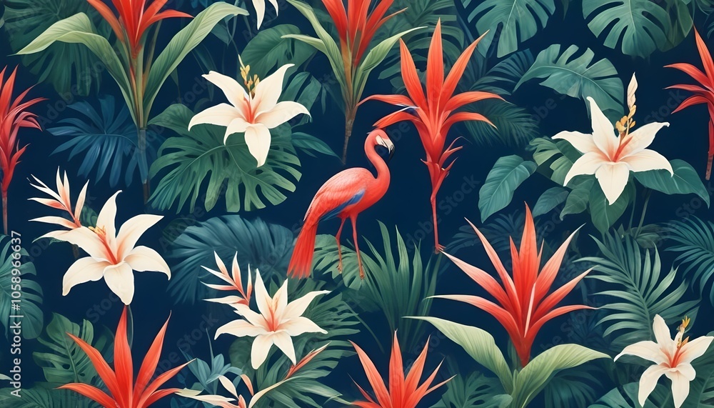 Tropical exotic pattern with animal and flowers in bright colors and lush vegetationn Tropical exotic pattern with animal and flowers in bright colors and lush vegetationn