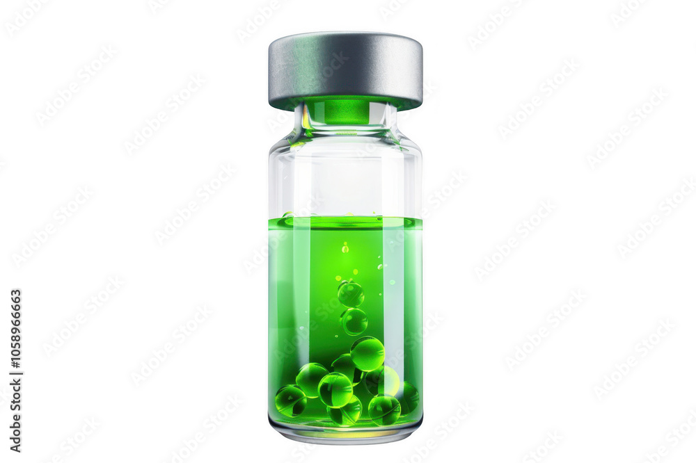 Medical glass vial filled with green liquid and nano particles on a transparent background Medical glass vial filled with green liquid and nano particles on a transparent background