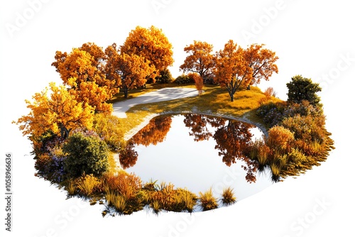 Beautiful autumn scenery with trees and a serene pond, white isolated background. photo