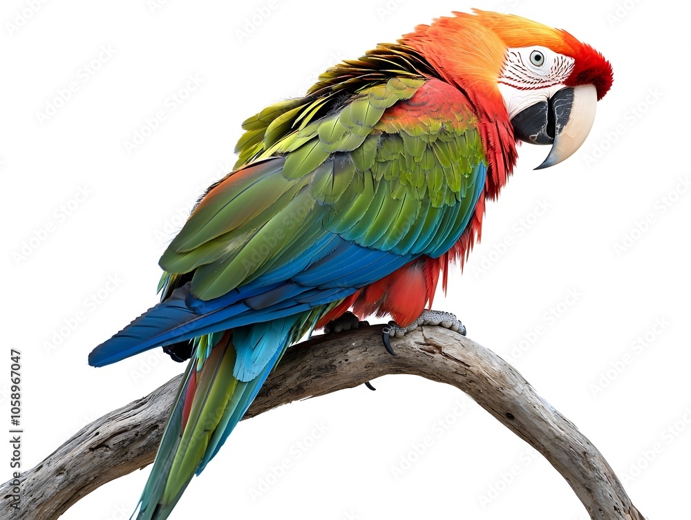 Fototapeta premium Chunky Parrot Standing Proudly on Branch Against White Background