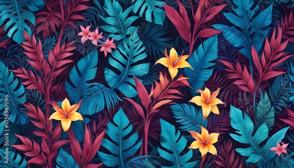 Tropical exotic pattern with animal and flowers in bright colors and lush vegetationn Tropical exotic pattern with animal and flowers in bright colors and lush vegetationn